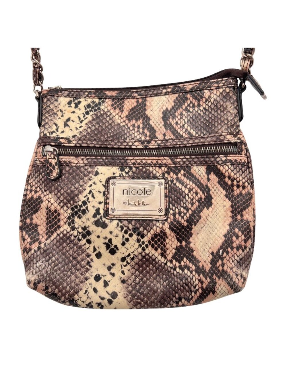 Nicole By Nicole Miller Snakeskin Print Crossbody Bag Chain Strap Zips & Snaps